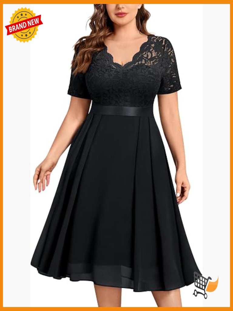 Plus Size V Neck Lace Midi Dress Flowy Cocktail Wedding Guest Size 0x-4x
